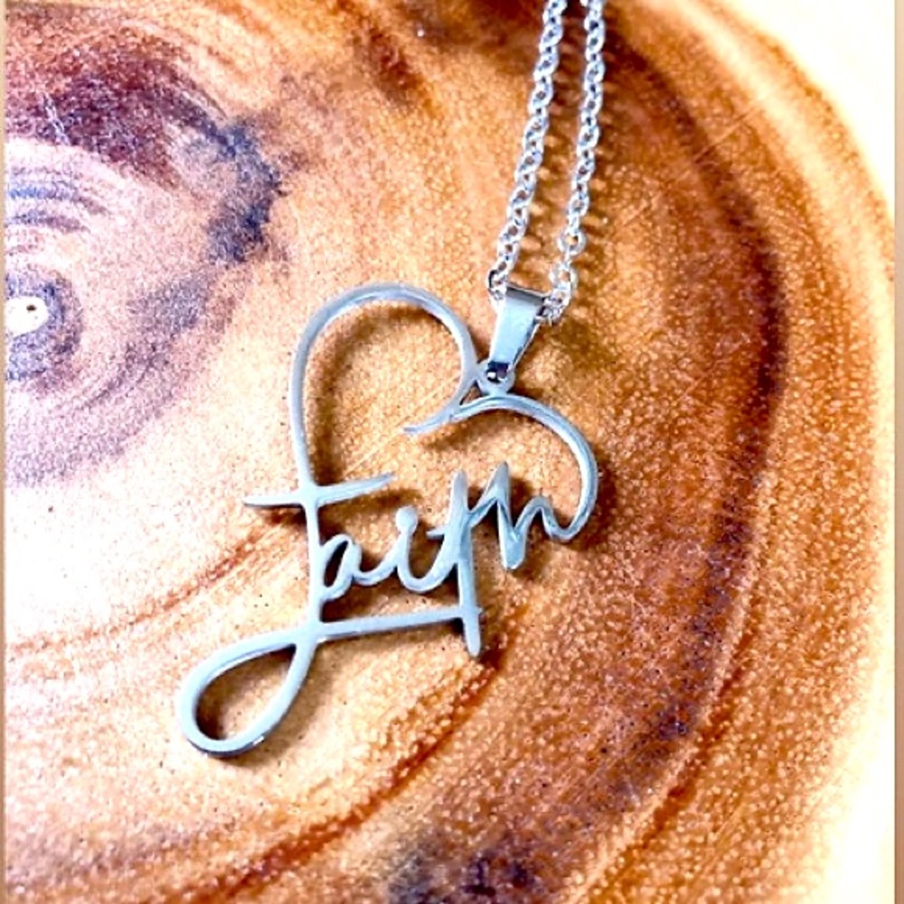 New Silver Stainless Steel Christian Faith Cursive Heart Minimalist Necklace - Picture 3 of 15